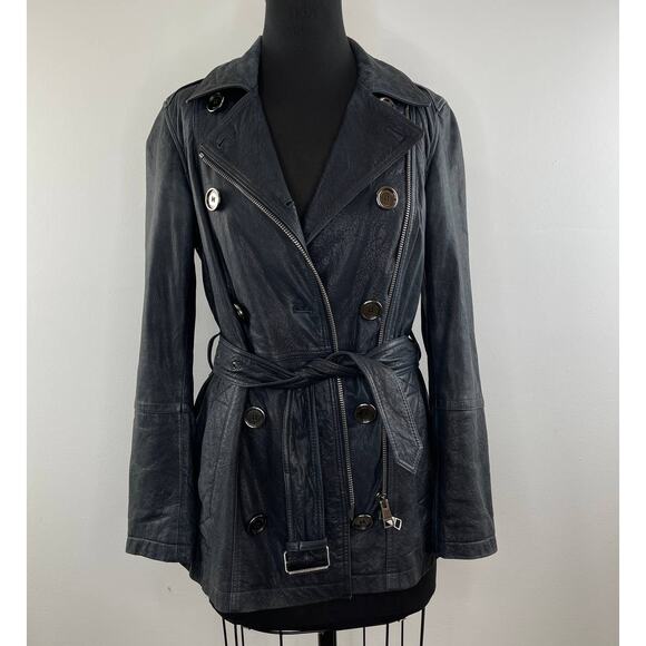 Burberry Brit Dark Blue Distressed Leather Belted Trench Coat Jacket US 6 UK 8 - Picture 11 of 16